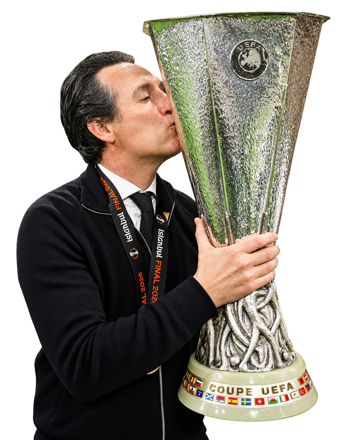 Unai Emery kissing the Europa League trophy
